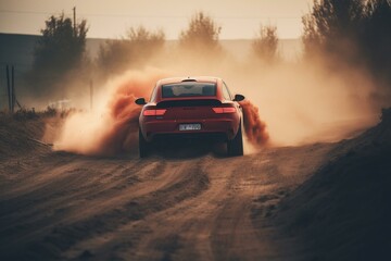 Fototapeta na wymiar Speedy red car on dusty track, smoke trailing. Generative AI