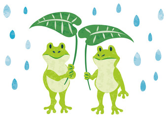 6月　梅雨　雨粒と葉っぱを持ったカエルのイラスト