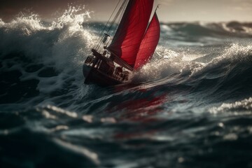 Oceanic artwork depicting a scarlet sailboat on turbulent waters. Generative AI