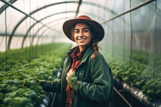 Happy farmer woman working inside agricultural greenhouse. Generative AI