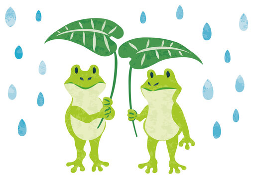 6月　梅雨　雨粒と葉っぱを持ったカエルのイラスト