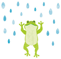 6月　梅雨　雨粒とカエルのイラスト