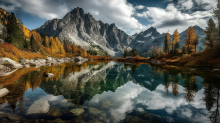 Fototapeta premium Panoramic view of a mountain lake in a natural landscape. Generative AI