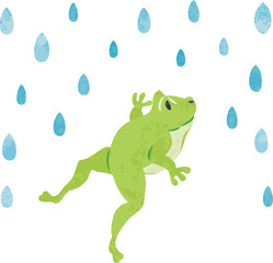 6月　梅雨　雨粒とカエルのイラスト