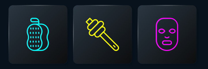 Set line Washcloth, Facial cosmetic mask and Honey dipper stick. Black square button. Vector