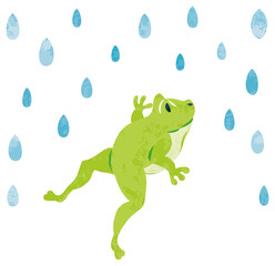 6月　梅雨　雨粒とカエルのイラスト