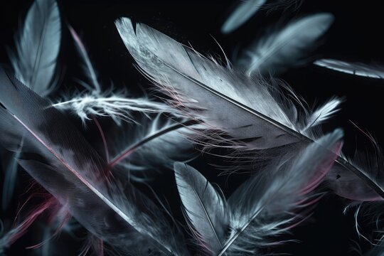 Falling colorful feathers close-up on a dark background