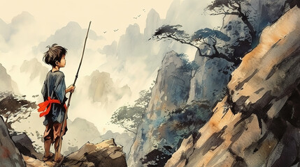 an epic simple concept art illustration of a chinese boy standing in front of a big landscape, generative ai technology