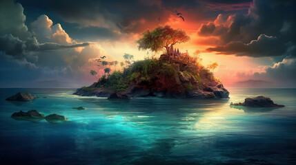 Fototapeta na wymiar Surreal Tropical island paradise with bright blue water and dark green trees.Generative AI