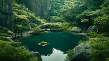 Obraz premium Peaceful Serenity, Green Zen Garden with Pond and Mountain Surroundings, Generative AI