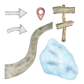 Set of elements for creating a travel map by car. Road, lake, road sign, arrows. Watercolor illustration.