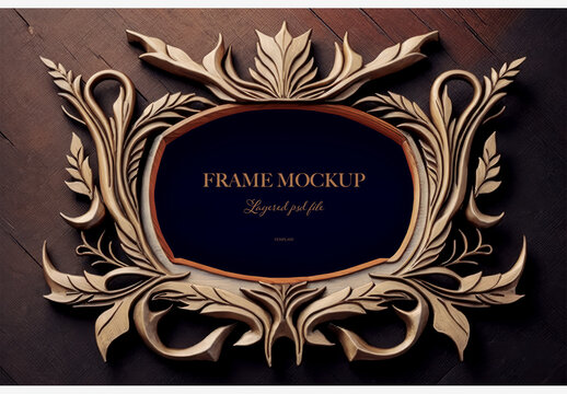 Exquisite Carved Wooden Frame With Shadow On Dark Background For Elegant Décor - Stock Photo Frame Mockup Template Generative AI