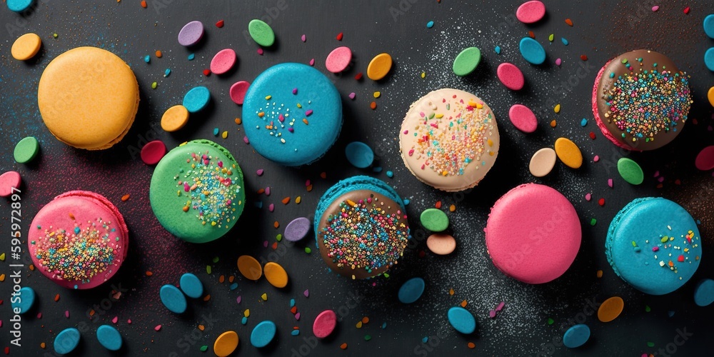 Poster macarons covered with glittering confetti and artfully arranged generative ai
