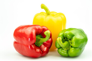 Group of Red Green and Yellow bell pepper isolated on white background with clipping path include, Ripe chilli