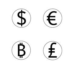 Set of currency icons. Dollar, euro, pound sterling, bitcoin. Vector, isolated on white background.