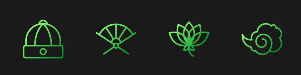 Set line Lotus flower, Chinese hat, Traditional paper fan and Magic fog or smoke. Gradient color icons. Vector