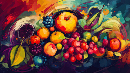 Obraz na płótnie Canvas Fruit. Abstract, colorful illustration. Digital painting for print and background. Ai Generative illustration