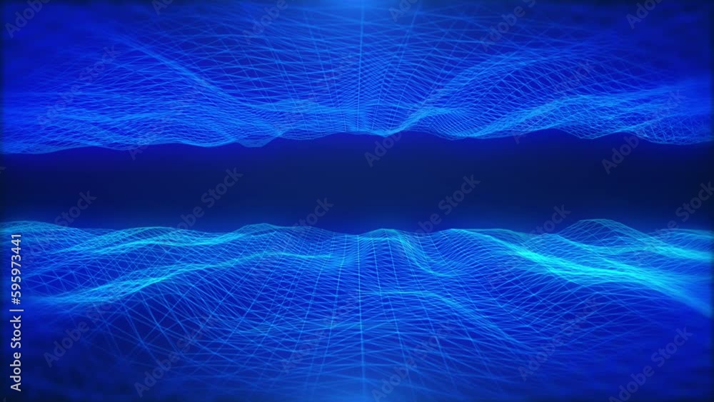 Poster Abstract technology futuristic blue dynamic wave data flowing landscape horizontal tunnel seamless loop 4K motion concept background.