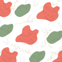 Floral nature background with leaves and colorful blobs, simple vector design.
