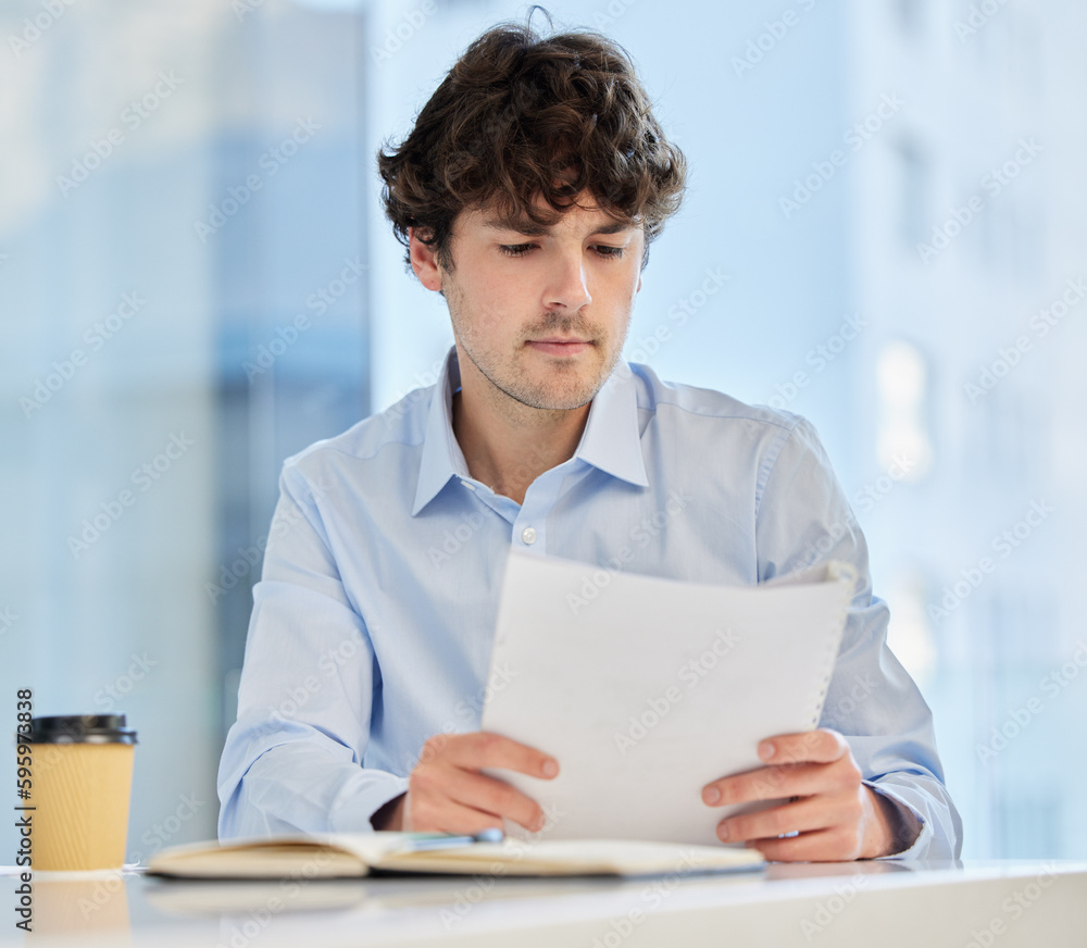 Poster proofreading your work is key. a businessman reading through documents in his office.