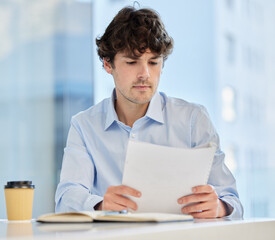 Proofreading your work is key. a businessman reading through documents in his office.