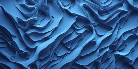 Obraz premium Three-dimensional render, modern abstract wallpaper with curvy blue translucent film ruffles, layers and folds. Fashion background