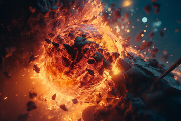 Fototapeta na wymiar bright collision of planets, fire, explosion. Created with generative technology.