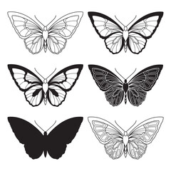 Fototapeta na wymiar Set of hand drawn butterflies. Otline and silhouette butterflies for posters, frame arts, invitations, greeting cards, etc.