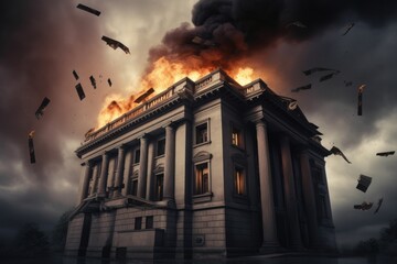 Bank on fire, recession , money burning