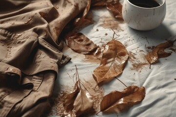 Spilled coffee leaves dirty stain needing dry cleaning. Generative AI