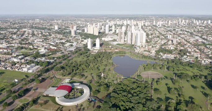Campo Grande, MS, Brazil, MAR 30 2023, Aerial view of municipal aquarium with several species from the Midwest region. The Aquarium is located in the Indigenous Nations Park