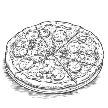 Hand-drawn pizza isolated on white background. Vector illustration in sketch style.