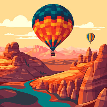 Hot air balloons over Cappadocia rocks landscape. Adventure travel in Turkey concept vector illustration.