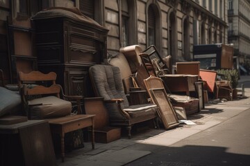 Fototapeta na wymiar Unwanted furniture left on the street for garbage collection. Generative AI