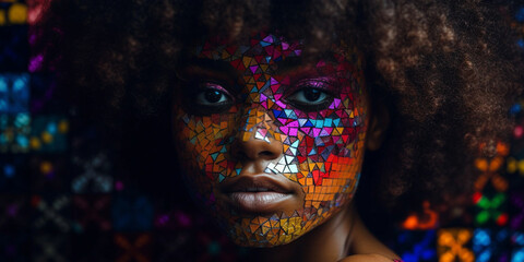 Hübsche Afroamerikanische Frau Model mit tollem Glitzer Make-Up Styling Nahaufnahme, ai generativ