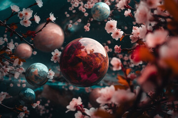 Naklejka na ściany i meble sakura on the background of planets. Created with generative technology.