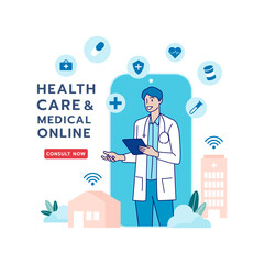 Telehealth, telemedicine, online doctor, online clinic and medical service online. Healthcare, medical, telemedicine, Telehealth concept. Patient consultation. Hand draw style. Vector illustration.