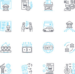 Line graph stocks linear icons set. Trend, Volatility, Fluctuation, Growth, Decline, Progression, Regression line vector and concept signs. Momentum,Resistance,Support outline illustrations