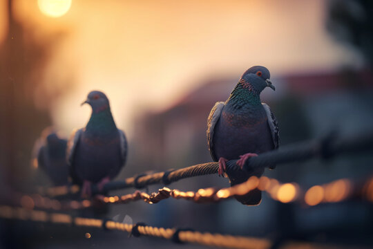 pigeons are sitting on wires. Created with generative technology.