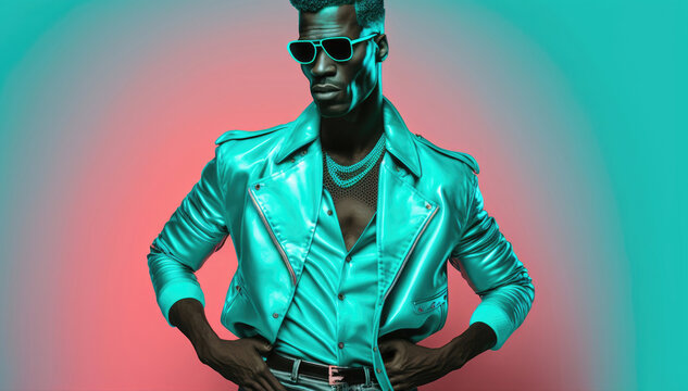 1980s vintage fashion portrait of a disco man. Black man in retro 80's style, generative ai