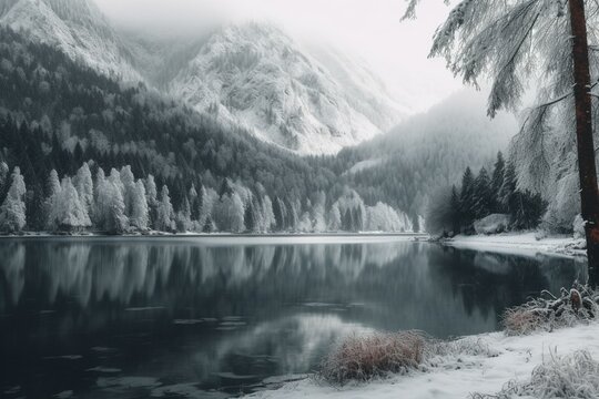 A snowy winter landscape with mountains, forest and a lake - perfect for travel, vacation, and holiday. It's an abstract scenery. Generative AI