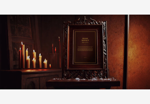 Reflective Charm: Wood Table With Mirror, Candles, And Candle Holders On Wall Hanging - Perfect For Home D&eacute;cor And Interior Design Frame Mockup Template Generative AI