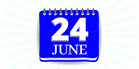 24 june, calendar with the day twenty four of the month of june in blue color and background white
