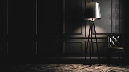 Floor lamp shines in a minimalist dark interior, generative AI.