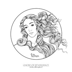 Portrait of a woman inspired by a painting by Renaissance artist Botticelli Birth of Venus. Outline hand drawing vector illustration. © Elen  Lane