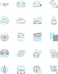 Purchase a vehicle linear icons set. Vehicle, Car, Auto, Buy, Purchase, Financing, Lease line vector and concept signs. Loan,Dealership,Trade-in outline illustrations