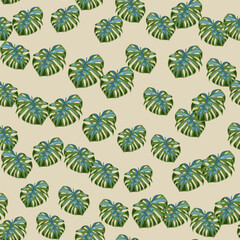 Fototapeta premium Monstera leaves seamless pattern. Exotic jungle plants endless wallpaper. Leaf background. Hawaiian rainforest floral backdrop.