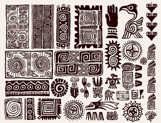 Set of Mexican gods symbols. Abstract aztec animal bird totem idols, ancient inca maya civilization primitive traditional signs. Vector ornament of native americans, aztecs, maya, incas.