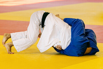judoka in blue kimono throw choke or jointlock on judoka in white kimono, judo fight championship