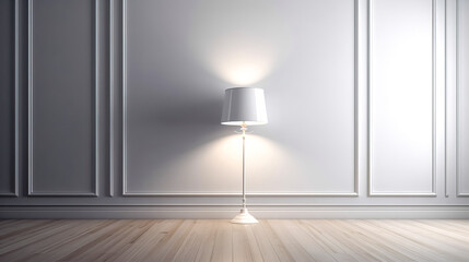 Floor lamp shines in a minimalist white interior, generative AI.